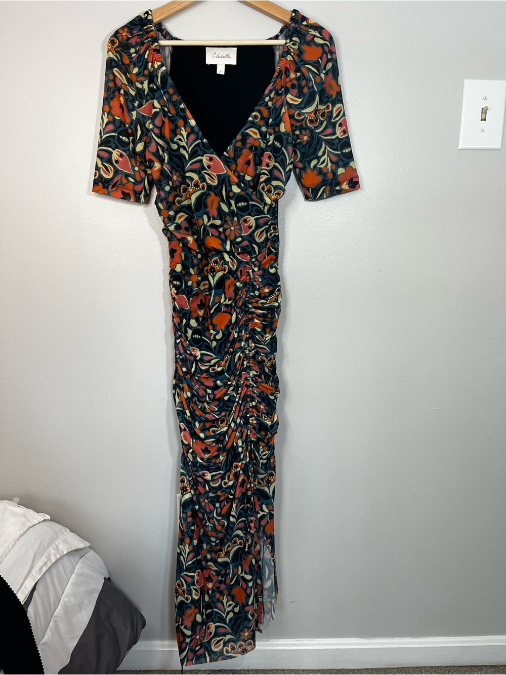 Cleobella Mesh Floral Ruched Short Sleeve Maxi Dress Women’s Small Black Orange